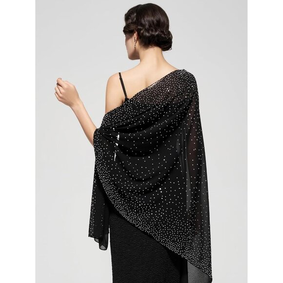 Women Black Sequin Chiffon Shawls and Wraps Formal Rhinestone for Evening Dress - Picture 4 of 6